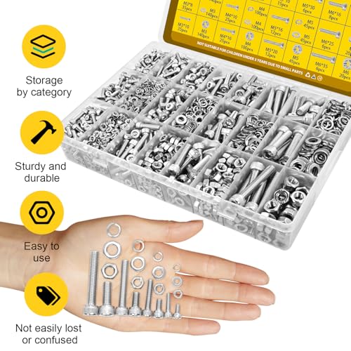 720Pcs M3 Hex Socket Head Cap Screw Bolts Kit & 1220PCS M3 M4 M5 M6 Metric Hex Socket Head Screws Assortment Kit, 304 Stainless Steel Screw Set with Nuts, Washers