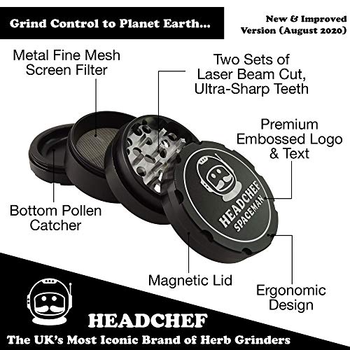 Headchef Spaceman Metal Herb Grinder with Laser Beam Cut, Ultra Sharp Teeth and Sifter Scraper, 4 Piece Grinder, 55mm (Space Black) Space Black