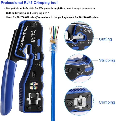 RJ45 Crimp Tool Kit Pass Through Crimper Cutter for Cat5 Cat5e Cat6 Cat6a 8P8C Modular Connector All-In-One Cat6 Crimping tool Etrhernet Crimper Tool and Tester(9V Battery Not Included) 670 Rj45-8P Crimping Tool Kit