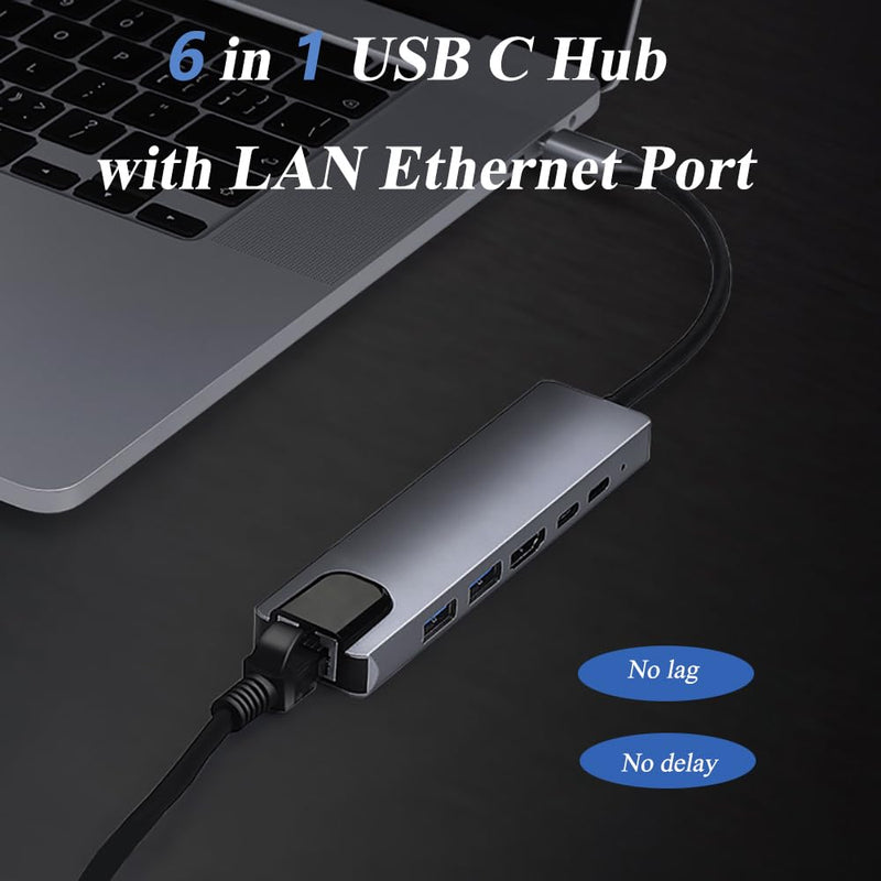 6 in 1 Type C to HDTV Adapter, USB C Hub with LAN Port, 4K HDMI Output USB C Adapter Compatible with MacBook Series, Chromebook, Laptop, Mouse, Keyboard, Flash Drive, Hard Disk