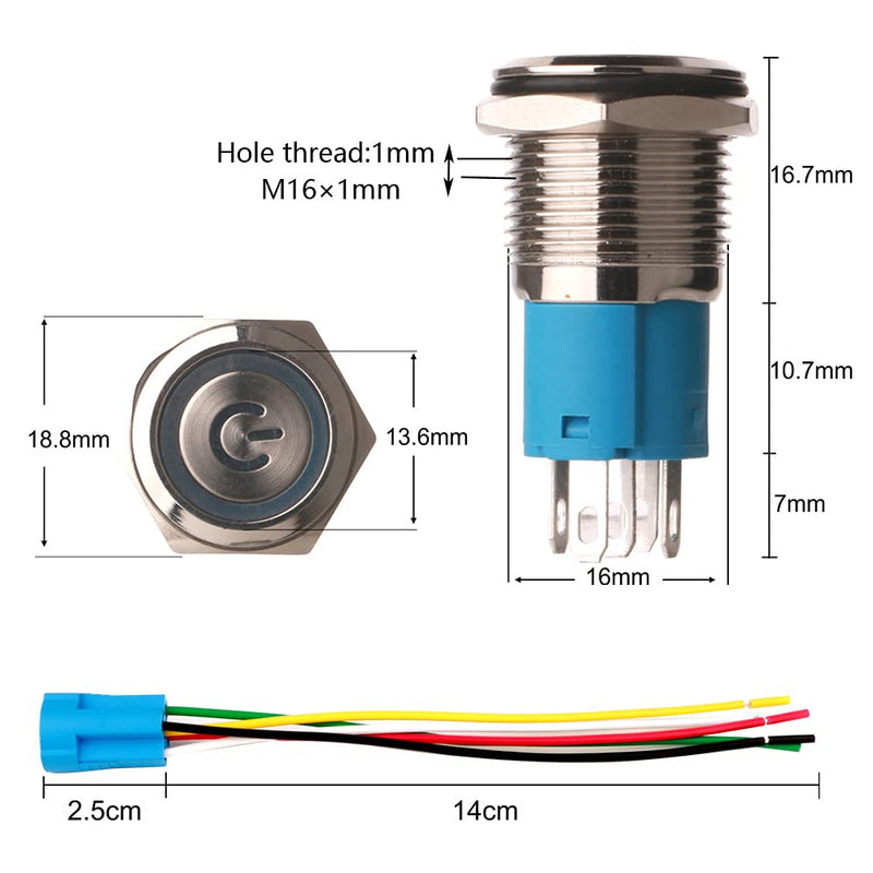 Gebildet 2 Pieces 16mm Stainless Steel Latching Push Button Switch 12V-24V 5A Power Symbol LED 1NO1NC SPDT ON Off Waterproof Toggle Switch with Socket Plug (Blue LED) Blue