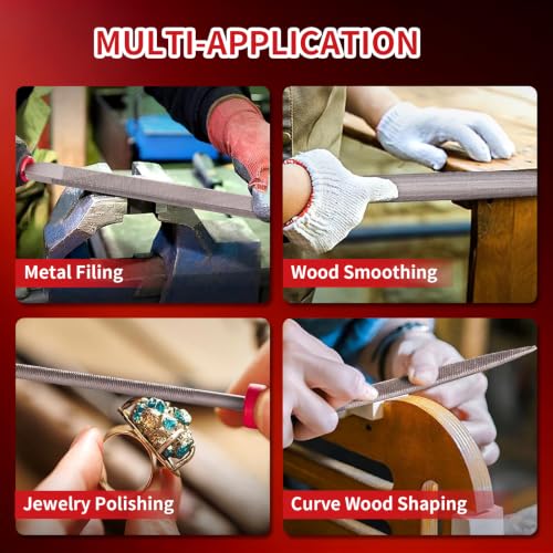 19 PCS Metal File Set, T12 Metal Files for Steel,Flat/Round/Triangle/Half-Round Hand Set with Needle File & Steel Brush for Metals, Metalworking & Woodworking Red black 19