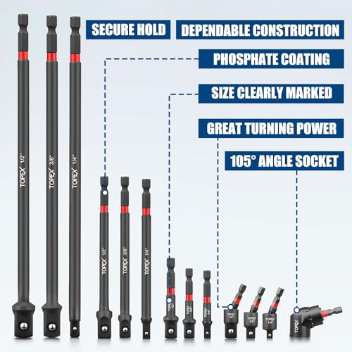 TOPEX 13Pcs Drill Socket Adapter Set, 1/2", 1/4", 3/8"
