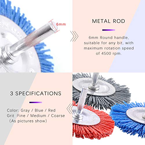 Swpeet 3 Pieces 3" 75mm Nylon Filament Grinding Wire Cup Brush Kit with 1/4 Inch Shank, Includes Fine Medium Coarse Grit Perfect for Removing Rust, Corrosion, S665, Round Wheel Brush