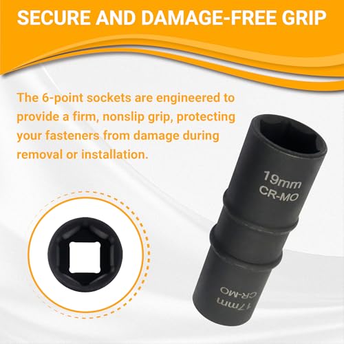 Lug Nut Socket Set, 5pc 1/2" Drive Impact Flip Socket Set with Metric 17 19 21 22 mm & SAE 3/4 13/16 7/8 15/16 in. Sockets, Double Ended Thin Wall Nut Sockets with 3" Extension Bar Flip, 17 19 21 22 mm & 3/4 13/16 7/8 15/16 in.