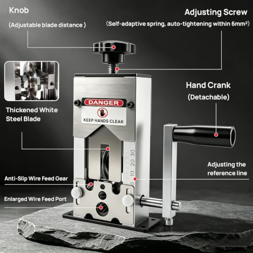 Geila Wire Stripper Machine, Manual Copper Wire Stripping Tool 0.06-1'' with Replacement Blades, Drill Powered or Hand Crank for Scrap Copper Recycling Silver