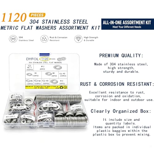 1120 Pcs Stainless Steel Flat Washers for Screws, 304 Stainless Steel, Assorted Sizes (M2 M2.5 M3 M4 M5 M6 M8 M10 M12) for Industrial Use, Washers for Bolts (1120, M2-12) 1120