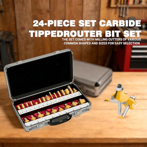 CATITO 24 Pieces Router Bits Set, 1/4" Shank, Professional Woodworking Milling Cutter Set, Tungsten Carbide, for Wood, MDF, Plywood 24 - PCS