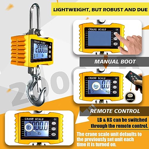 YATOINTO 2200lb Digital Crane Scale High Precision Heavy Duty Industrial Hanging Scale with Remote Control Aluminum Case CE Certified Electronic Weighing Crane Scale, for Garage Farm Hunting Fishing S-2200LBS-Yellow