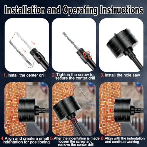 DECKRKAT 4-1/4" Concrete Hole Saw Kit,Electroplated Black Quenching Tech,Heavy-Duty Thickened Alloy Teeth,SDS Plus Shank & 2 Center Bits for Concrete,Brick,Stone. (110mm)4-1/4"