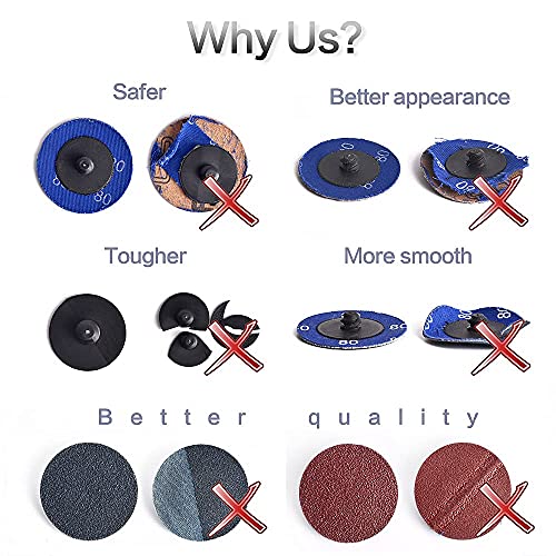 50 Pcs 2 inch P36/60/80 Zirconia Quick Change Grinding Discs, with 2 Pcs 1/4 inch Disc Holder for Surface Prep (Mix Grit)