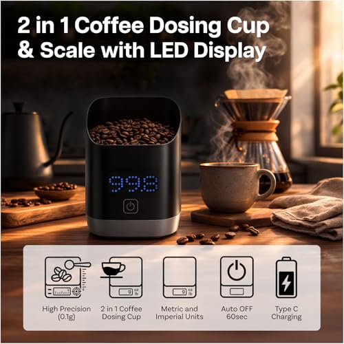 Coffee Bean Digital Dosing Cup with LED Display by MMOBIEL – High Precision 0.1g/1g Scale for Espresso, Pour-Over, Drip & More – USB-C Rechargeable & Compact – Brewing Accessories for Home Baristas