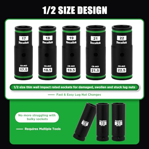 TecoTek 7PCS Lug Nut Socket Set, 1/2” Impact Thin Wall Flip Socket, Half Size Wheel Socket Set, Metric, 6 Point, 3" Extension Bar & Knockout Bar, 17.5mm, 18.5mm, 19.5mm, 21.5mm, and 22.5mm Half Size Metric