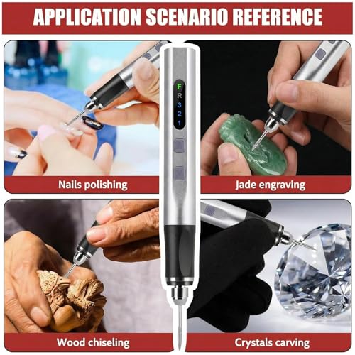 Cordless Engraving Pen, 3-Speed Electric Engraving Tool Kit, 18000 RPM Engraver Pen with 30 Drill Bits, 7 Grinding Accessories & 4 Templates for Wood, Resin & Jewellery