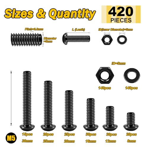 Mywish 420Pcs 10.9 Grade Steel Metric M5 Nuts and Bolts Screw Assortment & 900Pcs Grade 12.9 Alloy Steel M3 M4 M5 M6 Metric Screws Assortment Nuts and Bolts, Anti Rust Machine Screws