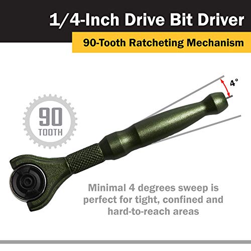 Titan Tools 11325 1/4-Inch Drive x 4-Inch 90-Tooth Swivel Head Micro Ratcheting Bit Driver - Green Swivel Head - Green