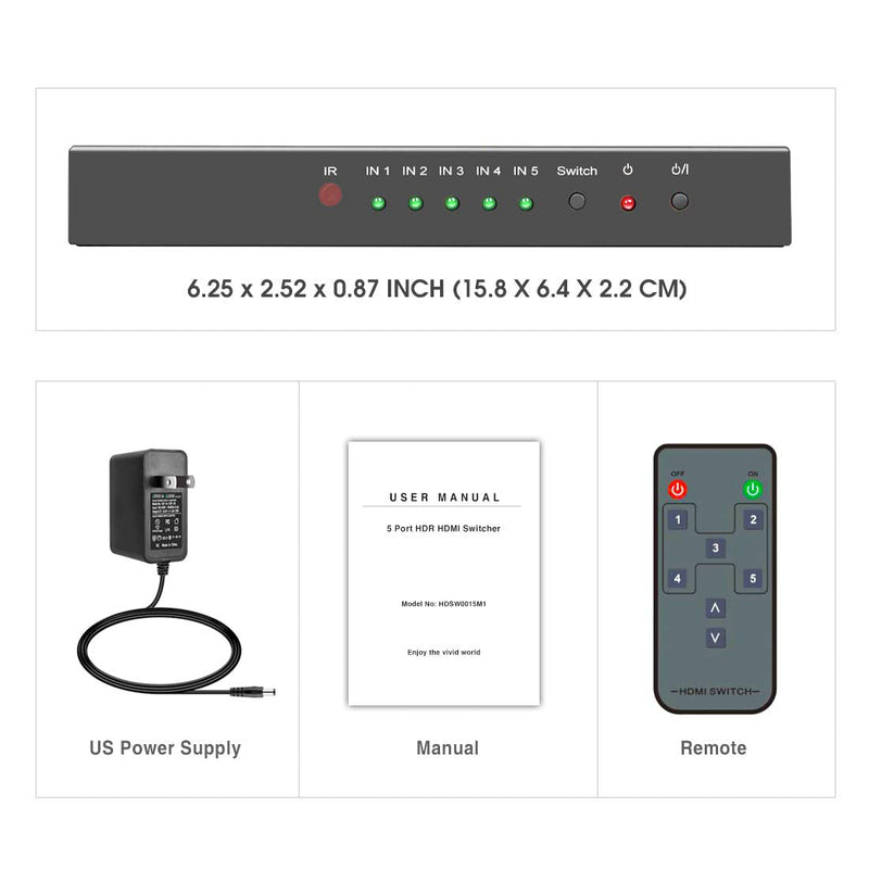 ROOFULL 5 Port 4K HDMI Switch with Remote 5 in 1 Out 4K@60Hz HDMI 2.0 Video Switcher Selector, Dolby Vision/Atmos Auto-Switching HDCP 2.2 HDR 10 CEC 18Gbps for PS5/4Pro Xbox Apple TV Black