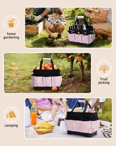 Marscamd Garden Tool Bag with Hard Bottom, Garden Tote with Shoulder Strap Pink Sunflower