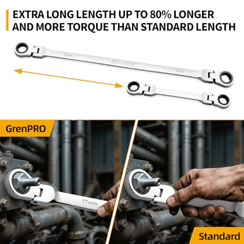 GRENPRO Extra Long Flex-Head Ratcheting Wrench Set, for Confined Spaces
