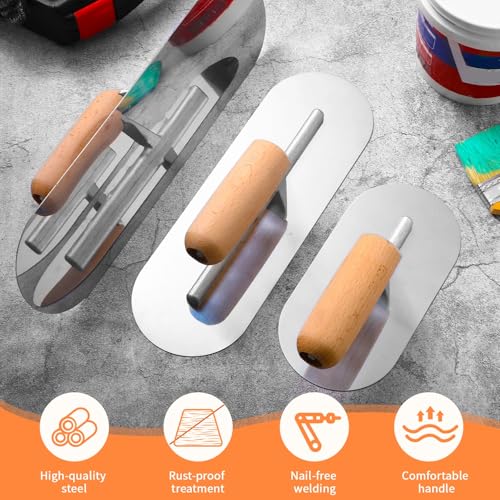 Lasnten 3 Piece Pool Trowel, Stainless Steel Finishing Masonry Trowel Set Includes 14" x 4", 12" x 4", 8" x 3", Lightweight Wooden Handle, for Drywall Concrete Cement Plastering Tool(Round Head) Round Head