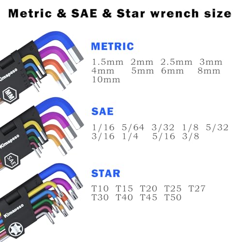 27 PCS Allen Key Set Torx SAE Metric Allen Wrenches Set Long Arm Ball End Hex Key Wrench Sets with T-Handle L-Hex Key Set Metric 1.5 to 10mm SAE 1/16 to 3/8″ Torx T10 to T50 27PCS Torx SAE Metric