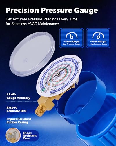 OMT 3-Way Auto AC Manifold Gauge Set for R134a R410A R404A R22, 5ft Hoses R134a R22 R410a R404a