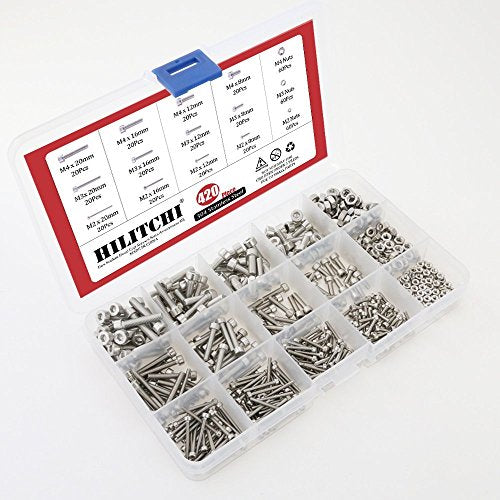 Hilitchi 420pcs M2 3 4 304 Stainless Steel Hex Socket Head Cap Screws Nuts Assortment Kit with Box (304 Stainless Steel)