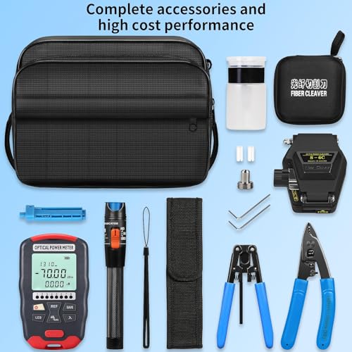 Fiber Optic Terminal kit 9-in-1 FTTH Tool kit Equipped with S-6C Optical Fiber Cleaver and high Precision Optical Power Meter D7 (-70~+10dBm) Well as Wire Stripper Tool