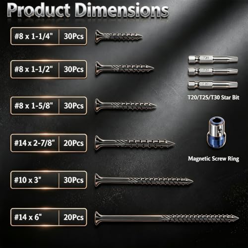 160PCS Wood Screws Set,Manganese Steel Torx Head Self Tapping Wood Screws Assortment Kit with T20/T25/T30 Star Bits & Magnetic Screw Ring,6 Sizes 1-1/2" to 6" for Woodworking,Furniture Repair