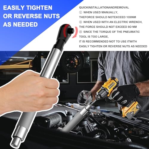 Offset Extension Wrench for Electric Drills and Impact Wrenches, ratchet extension includes 4 Socket Sleeve Adapters and 1/2" 3/8" 1/4" Electric Drill Adapter, Slim for Tight Spaces, Tungsten Steel