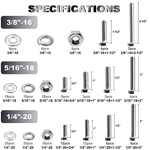 CO-RODE 236PCS 1/4-20, 5/16-18, 3/8-16 Heavy Duty Bolts and Nuts Assortment Kit,SAE Flat Washers, Lock Washers,304 Stainless Steel,10 Most Common Sizes