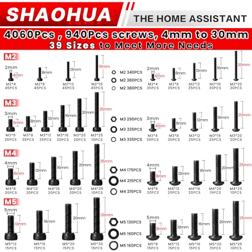 4071Pcs M2 M3 M4 M5 Nuts and Bolts Assortment Kit, 39 Size 4MM to 30MM Metric Screw Assortment Hex Socket & Button Head Machine Screws w/Portable Box and Hex Drill Bits, Galvanized Rustproof I. M2 M3 M4 M5