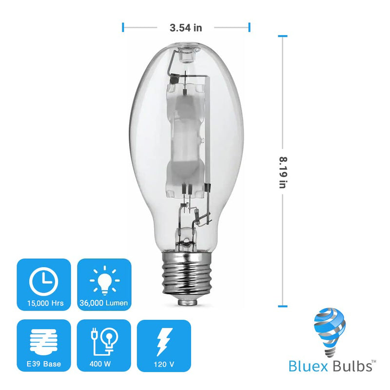 Bluex Bulbs (3 Pack MH400/U/MOG 400W Metal Halide Bulb Mogul Base (E39) - ED28 Clear M59/E HID Lamp 36000 Lumens 400 Watts
