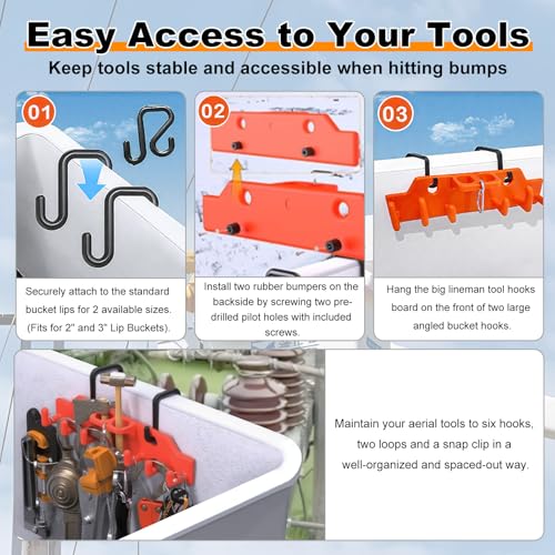 Lineman Tool Board Bucket Truck Tool Organizer for Bucket Hooks and Lineman Bucket Accessories Including 2PCS 2” and 2PCS 3” Aerial Bucket Hooks Orange electrician's tool board + black bucket hook