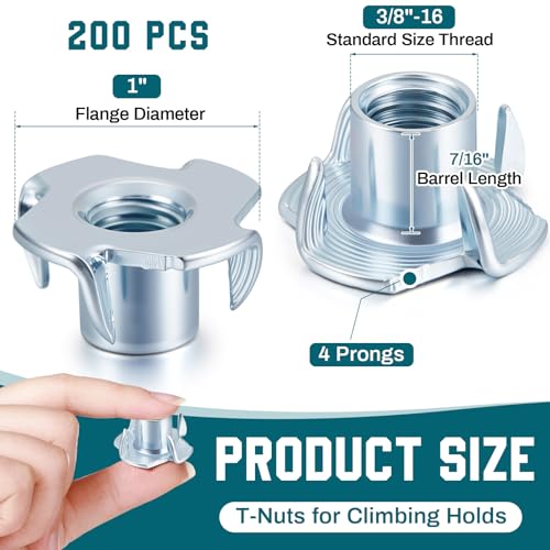 200 Pcs T-Nuts 3/8"-16, Zinc-Plated Steel Corrosion Resistant, 7/16" Barrel Length, 4-pronged Climbing Wall Tee Nut for Rock Climbing Holds, Wood, Cabinetry (Blue Zinc) Blue Zinc 200
