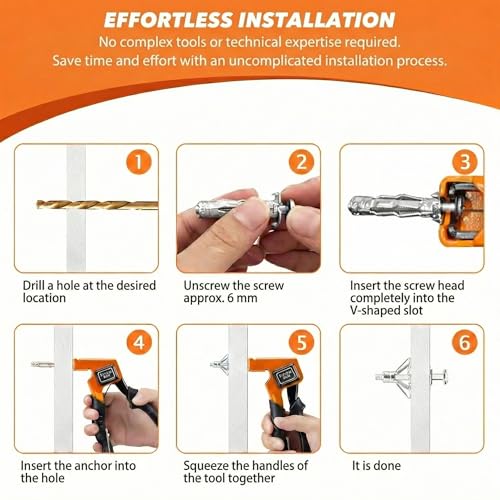 Molly Bolts for Plaster Walls and Drywall, Heavy-Duty 30 PCS Hollow Wall Anchor Set with Setting Tool, 5 Sizes for Secure Installation on Drywall Holding 65 Lbs, Easy to Use Fasteners, Orange