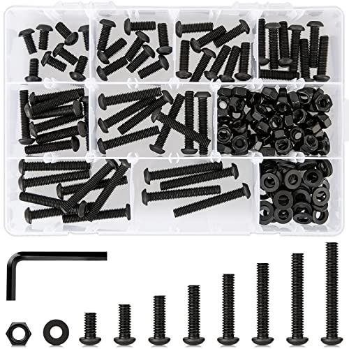 M2 M3 M4 M5 M6 Hex Button Head Cap Screw Bolts and Nuts Kit, 10.9 Alloy Steel Nuts and Bolts Assortment Kit Black Metric Machine Screws