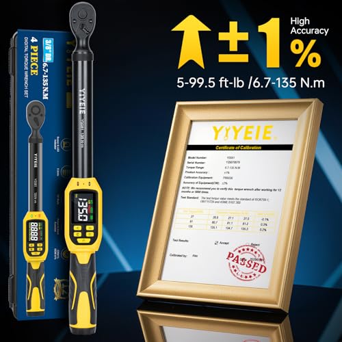 YIYEIE 3/8" Drive Digital Torque Wrench, 5-99.5 Ft-lb (6.7-135 N.m) 3/8" 4 PC