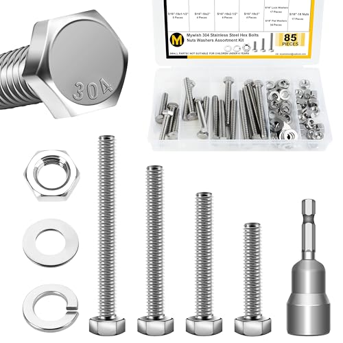 Mywish 85Pcs 5/16-18 Bolts and Nuts Kit & 210Pcs 1/4 20 Hex Head Bolts and Nuts Assortment, 304 Stainless Steel Bolts and Nuts Kit with Flat Spring Washers, Fully Threaded