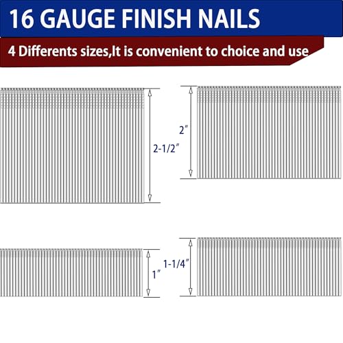 HW HAMWOO 16 Gauge Finish Nails,1",1-1/4",2",2-1/2",1200pcs 4 Sizes（1",1-1/4",2",2-1/2")