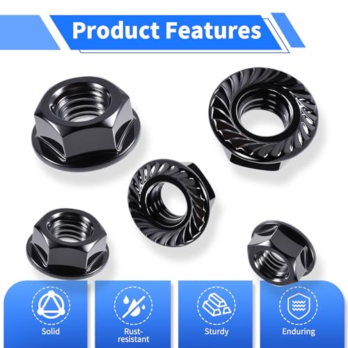 200 Pcs Hex Serrated Flange Nut, M8 x 1.25mm Serrated Flange Hex Lock Nuts, Medium Carbon Steel Serrat Metric Hexagonal Flanged Lock Nuts, Full Thread, Bright Finish, Black 200Pcs M8*1.25mm Black