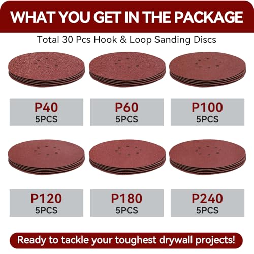 9 Inch 8 Hole Sanding Discs 30 Pack, 5 Pcs Each 40 60 100 120 180 240 Grit 8 hole 40/60/100/120/180/240 Grit