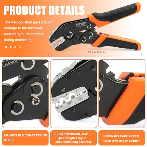 Wire Crimping Tool Kit 7Pcs Ratchet Wire Crimper for Insulated Nylon Connector,Non-Insulated Butt Connectors Ring Terminals,Open Barrel Terminals,Solar Connectors - Crimp Tool with 6 Dies 6PCS Crimping Tool Set