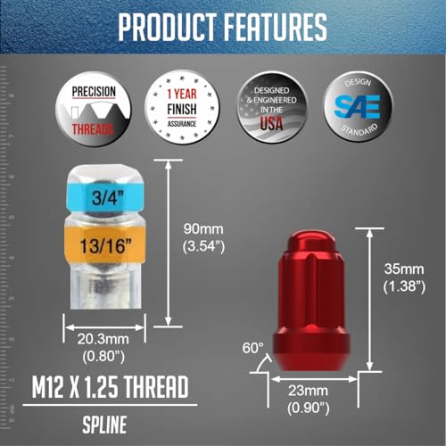 Wheel Accessories Parts 20 Pcs M12x1.25 12x1.25 Thread Car Spline 1.38" 35mm Long Lug Nuts Red Spline Hex Fits Most Subaru Pass Cars ｜ Nissan Pass Cars
