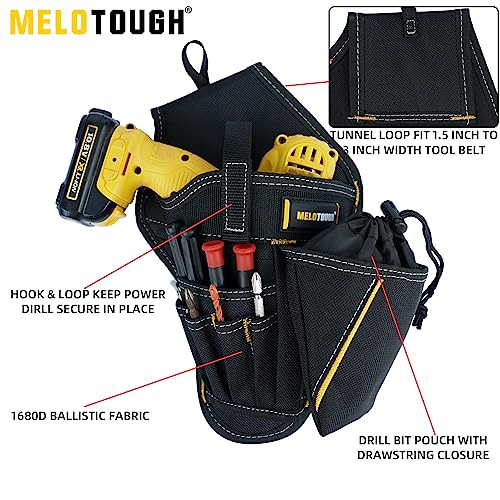 MELOTOUGH Right Handed Drill Holster Impact Driver Holster with Bit Pouch Heavy Duty Cordless Drill Holster,Black Drill Holder for Tool Belt