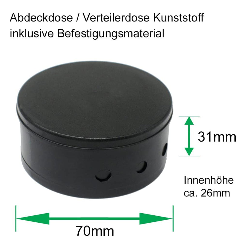 2x cover box ø 70x31mm plastic junction box matt incl. wood screws and 3-hole strain relief (black) black