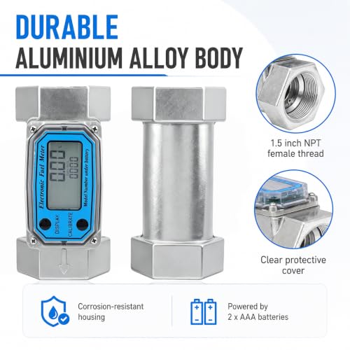 Digital Turbine Flow Meter, 15-120L/Min Liquid Flowmeter Water&Fuel Flow Guage Rust-Proof 0-99999 Electronic Fuel Meter 1-1/2In NPT, for Petrol Guns, Industrial&Medicine (1.5inch) 1.5inch