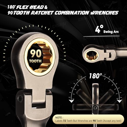 DISEN 12 Pcs Flex Head Ratcheting Wrench Set 90 Teeth, Metric Combination Ratchet Wrenches Set 8-19MM, Nickel Plating Cr-VSteel with Organizer Rack 12pc MM Flex