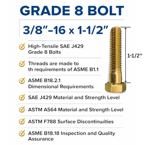 3/8"-16 x 1-1/2" Grade 8 Bolts (50-Pack) – Heavy-Duty Hex Bolts Only – High-Strength SAE J429 1.50" Coarse Thread Bolts 3/8" x 1-1/2" Bolt Only 50