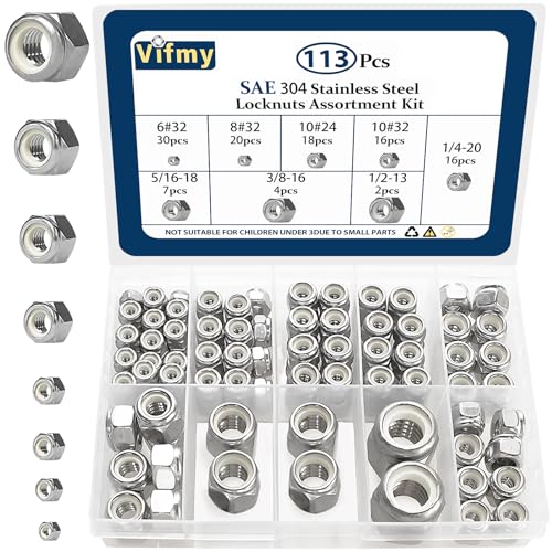 113 Pack SAE Nylon Insert Hex Lock Nuts Assortment Kit and 150 Pack SAE Hex Nuts Assortment Kit,4#40 6#32 8#32 10#24 10#32 12#24 1/4-20 5/16-18 3/8-16 1/2-13 304 Stainless Steel Hardware Nuts Se